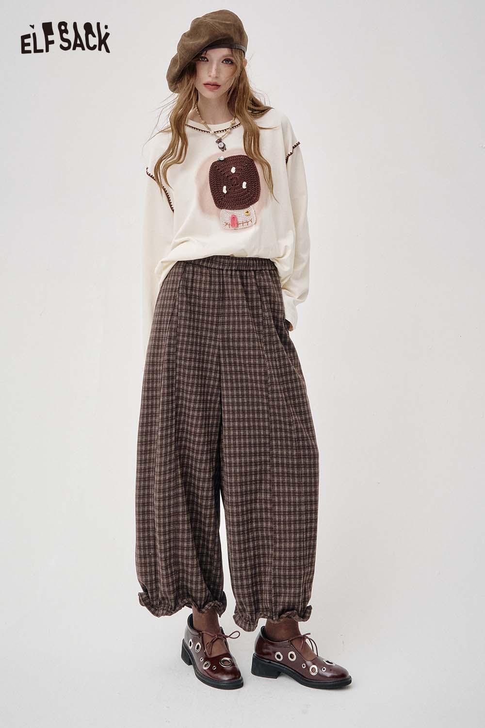 ELFSACK Loose Relaxed Casual Vintage Plaid Wide Leg Pants Trousers
