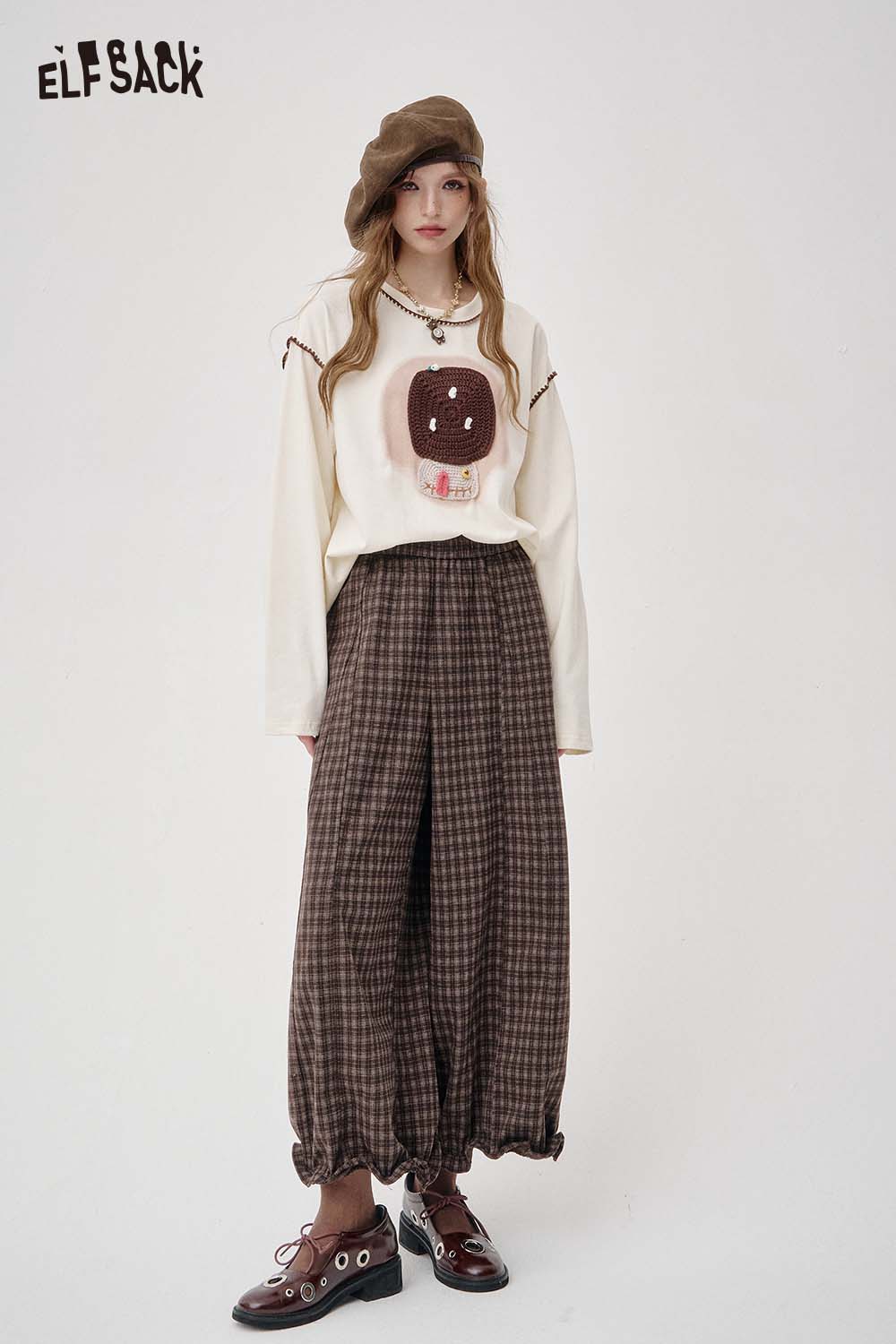 ELFSACK Loose Relaxed Casual Vintage Plaid Wide Leg Pants Trousers