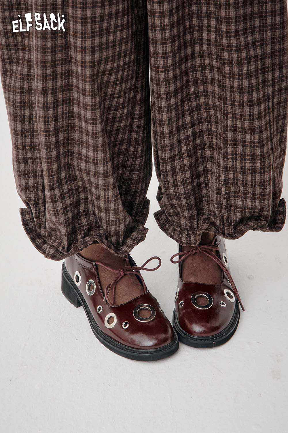 ELFSACK Loose Relaxed Casual Vintage Plaid Wide Leg Pants Trousers