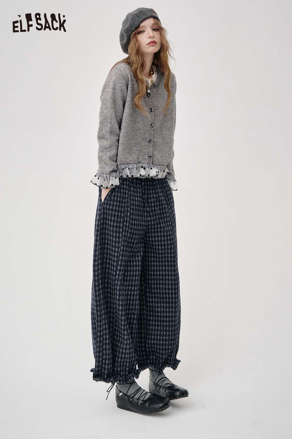 ELFSACK Loose Relaxed Casual Vintage Plaid Wide Leg Pants Trousers