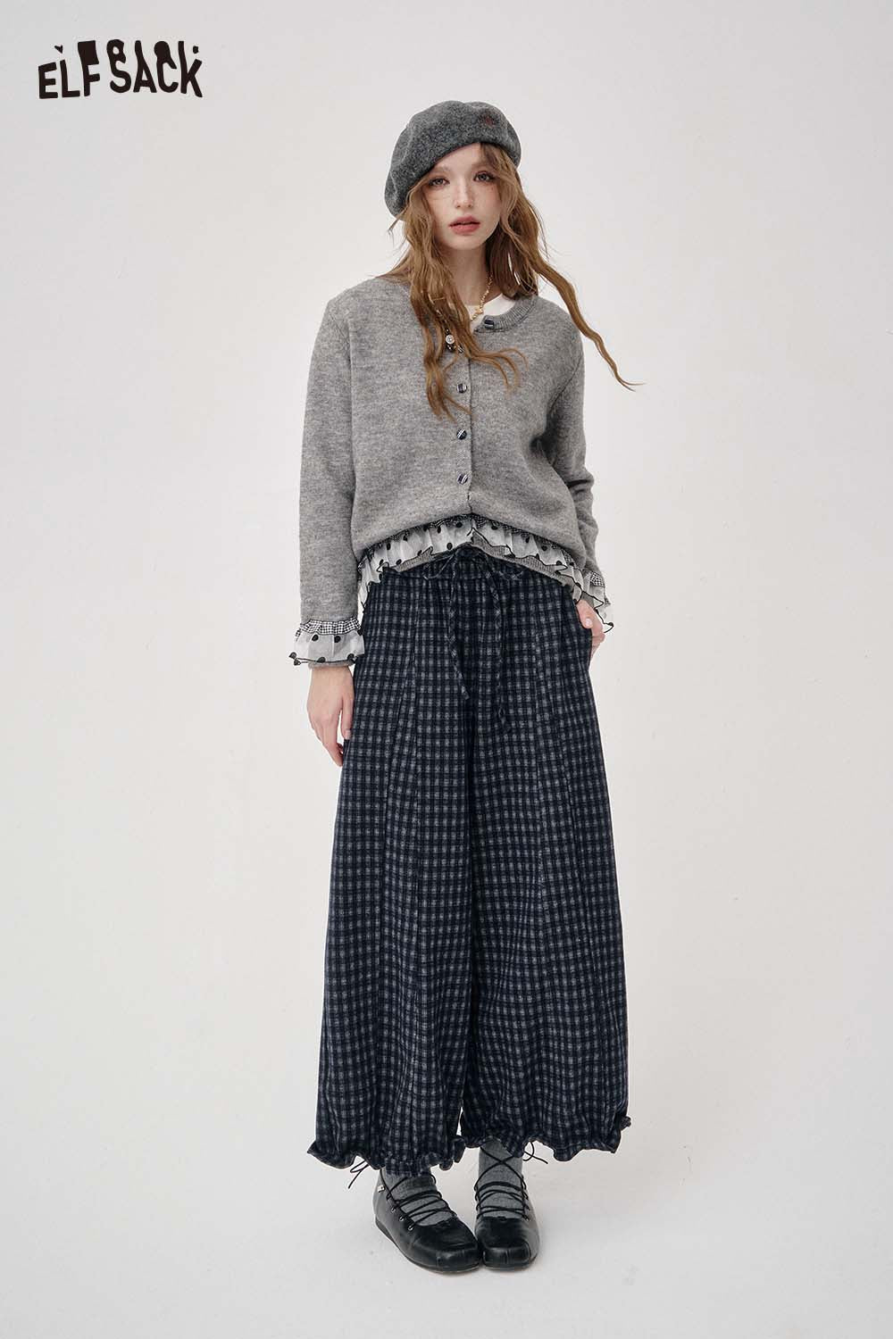 ELFSACK Loose Relaxed Casual Vintage Plaid Wide Leg Pants Trousers