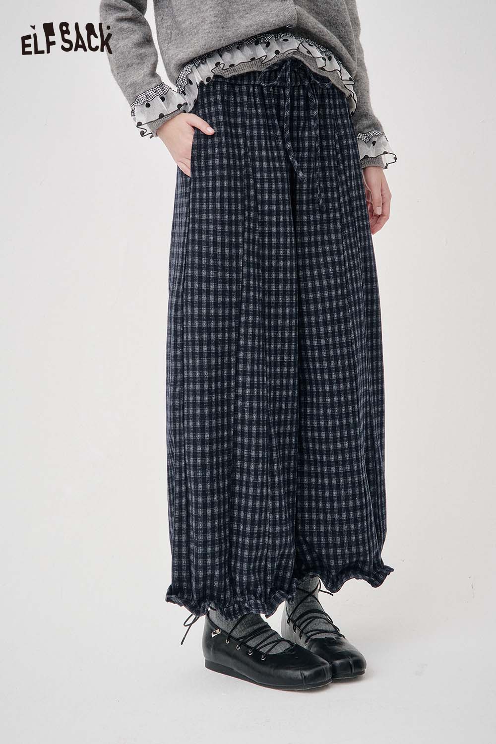 ELFSACK Loose Relaxed Casual Vintage Plaid Wide Leg Pants Trousers