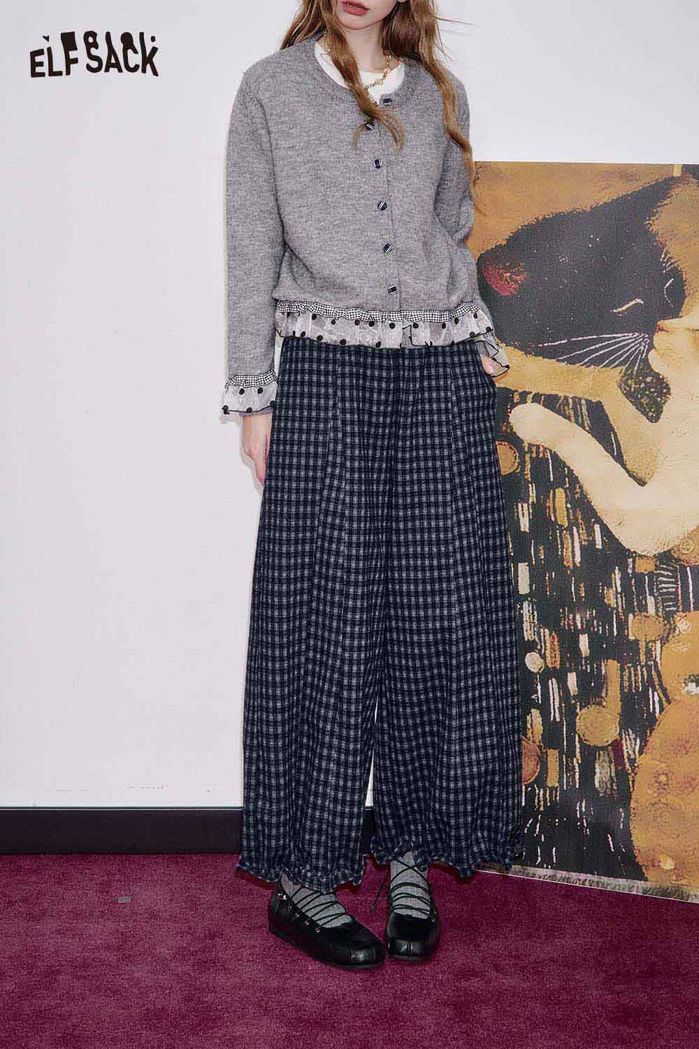 ELFSACK Loose Relaxed Casual Vintage Plaid Wide Leg Pants Trousers
