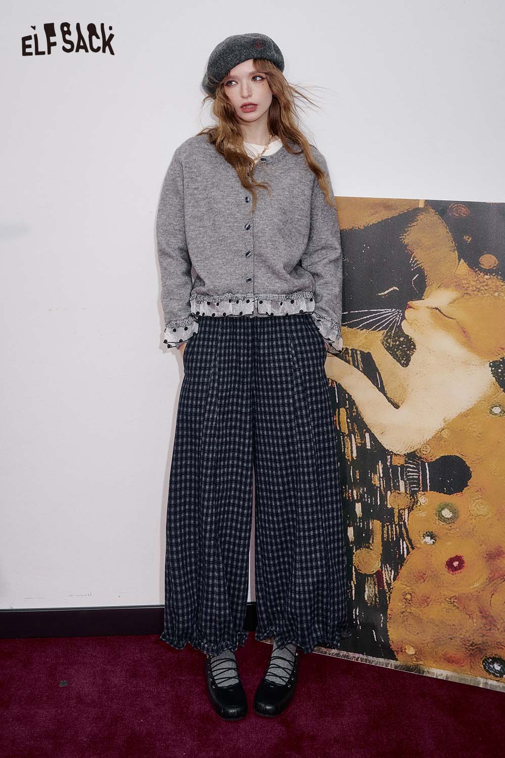 ELFSACK Loose Relaxed Casual Vintage Plaid Wide Leg Pants Trousers