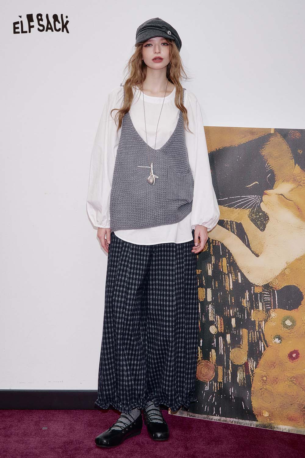 ELFSACK Loose Relaxed Casual Vintage Plaid Wide Leg Pants Trousers