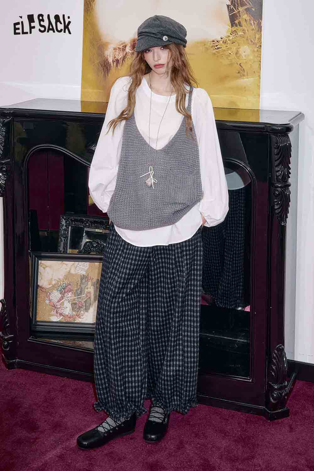 ELFSACK Loose Relaxed Casual Vintage Plaid Wide Leg Pants Trousers