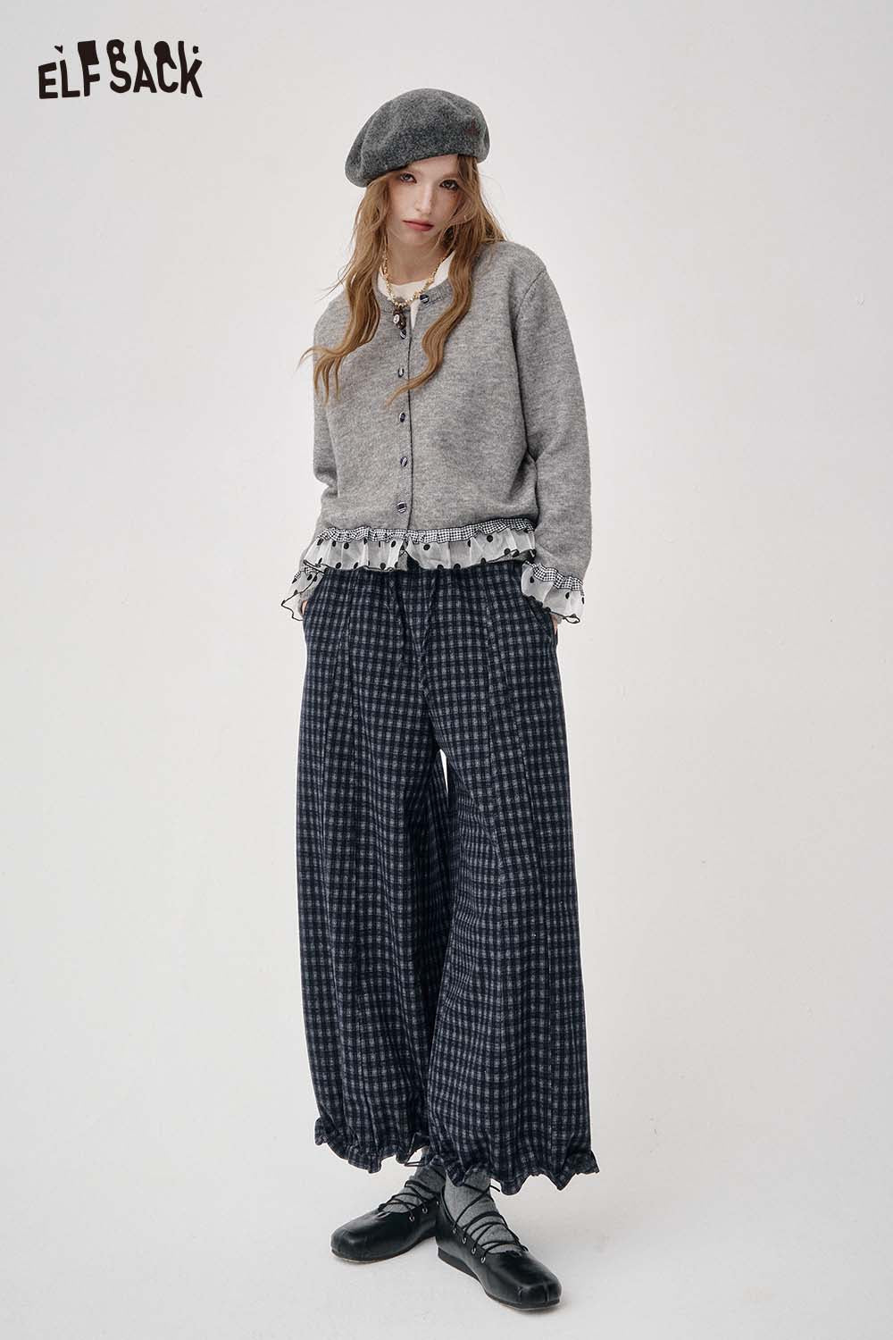 ELFSACK Loose Relaxed Casual Vintage Plaid Wide Leg Pants Trousers