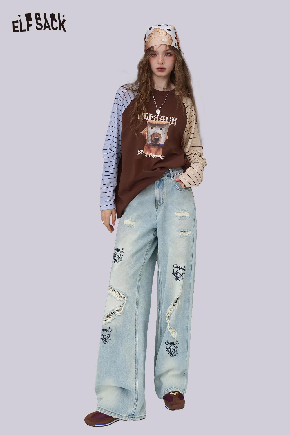 ELFSACK Loose Ripped Cartoon Graphic Straight Floor Length Jeans