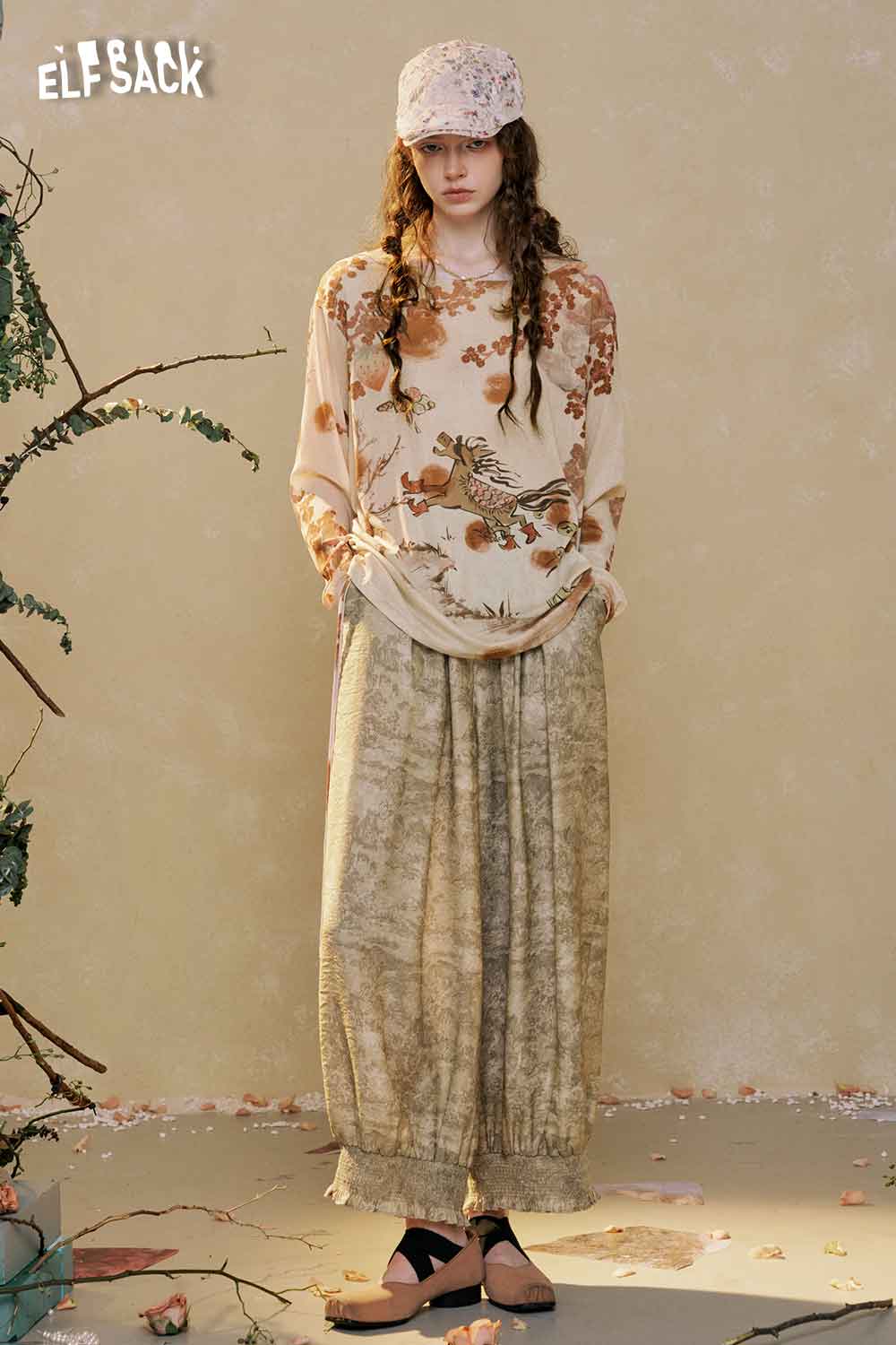 ELFSACK Loose Ruffle Hem Textured Print Pants