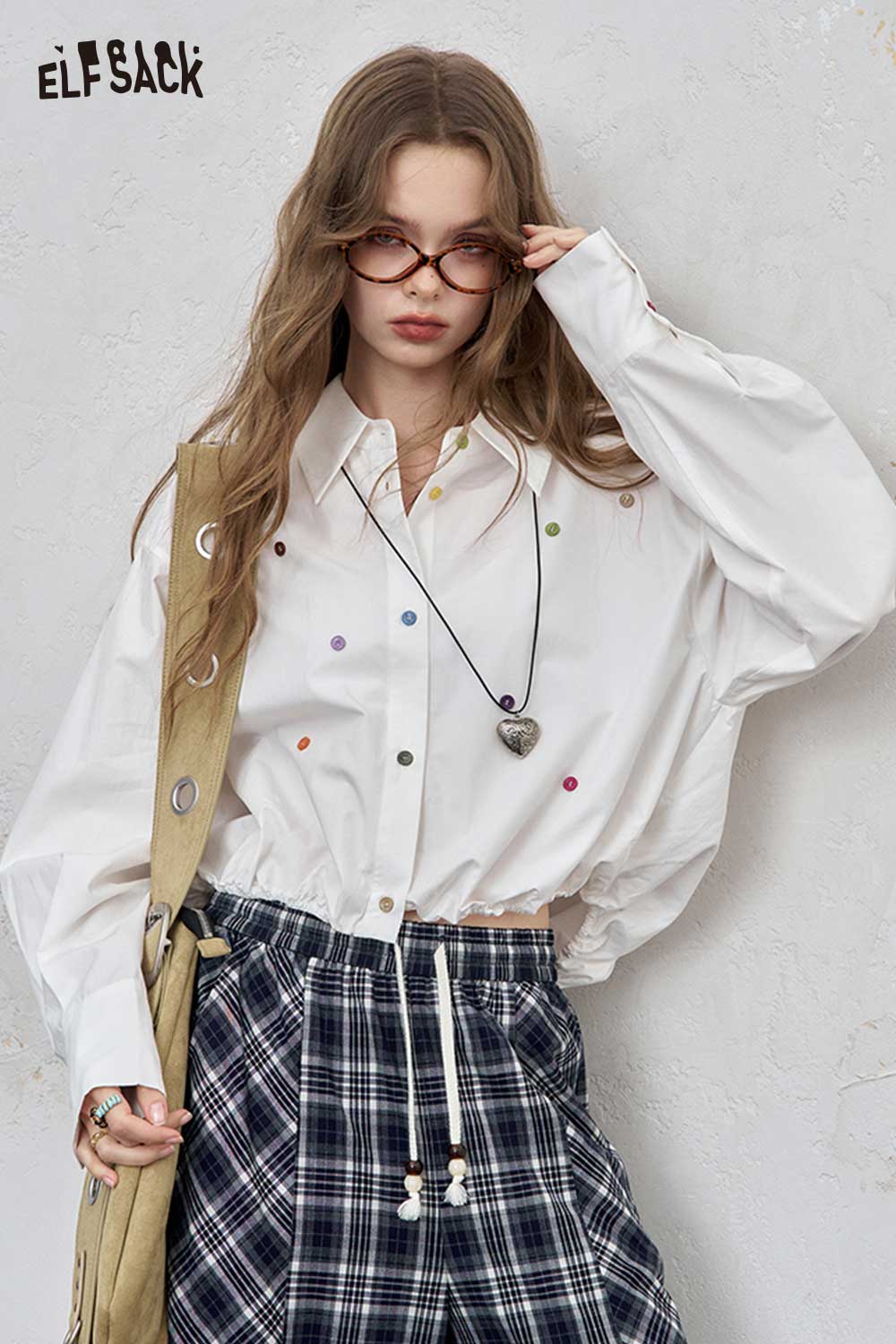 ELFSACK Loose Solid Dot Print Full Sleeve Shirt