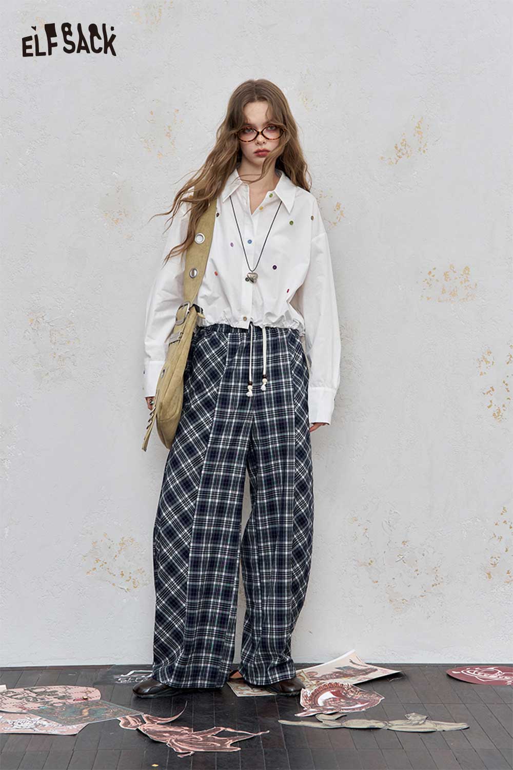 ELFSACK Loose Solid Dot Print Full Sleeve Shirt
