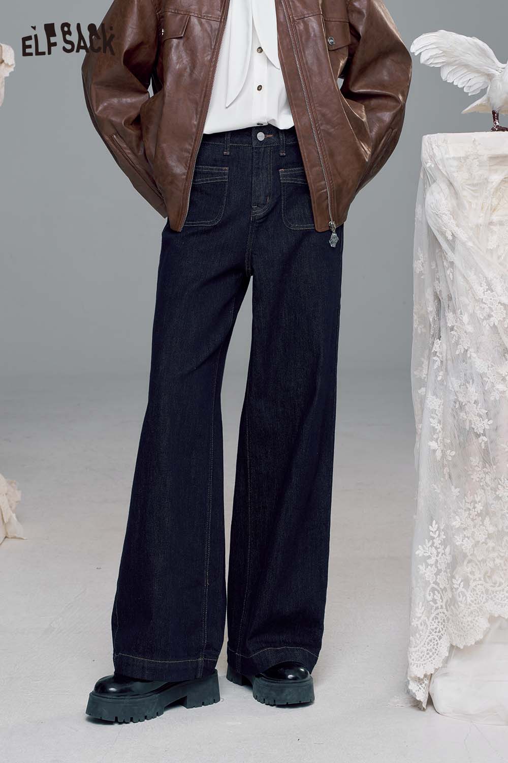 ELFSACK Loose Straight Leg Jeans Autumn Vintage Slim Wide Leg Denim Pants