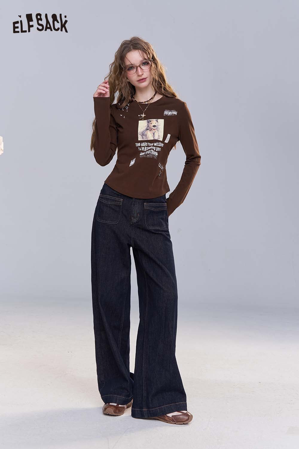 ELFSACK Loose Straight Leg Jeans Autumn Vintage Slim Wide Leg Denim Pants