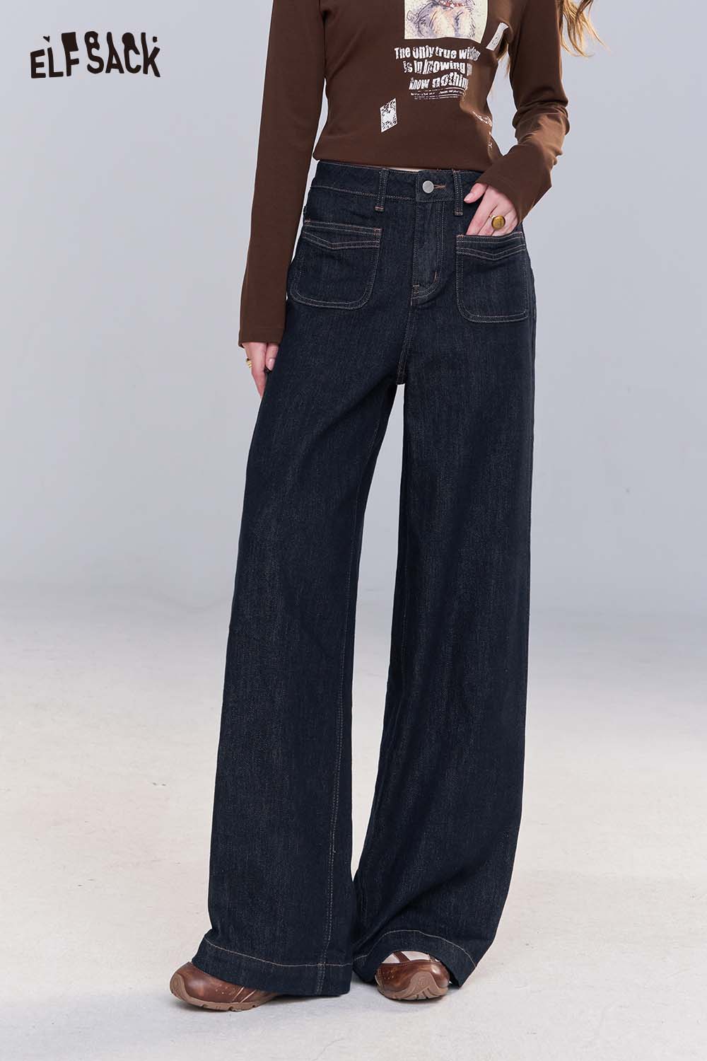 ELFSACK Loose Straight Leg Jeans Autumn Vintage Slim Wide Leg Denim Pants
