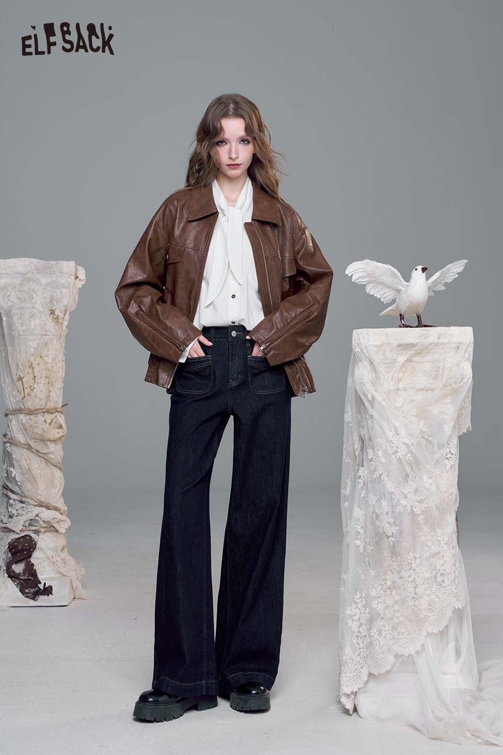 ELFSACK Loose Straight Leg Jeans Autumn Vintage Slim Wide Leg Denim Pants