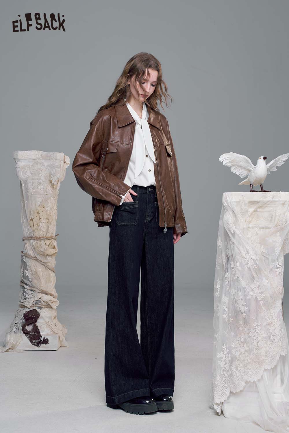 ELFSACK Loose Straight Leg Jeans Autumn Vintage Slim Wide Leg Denim Pants