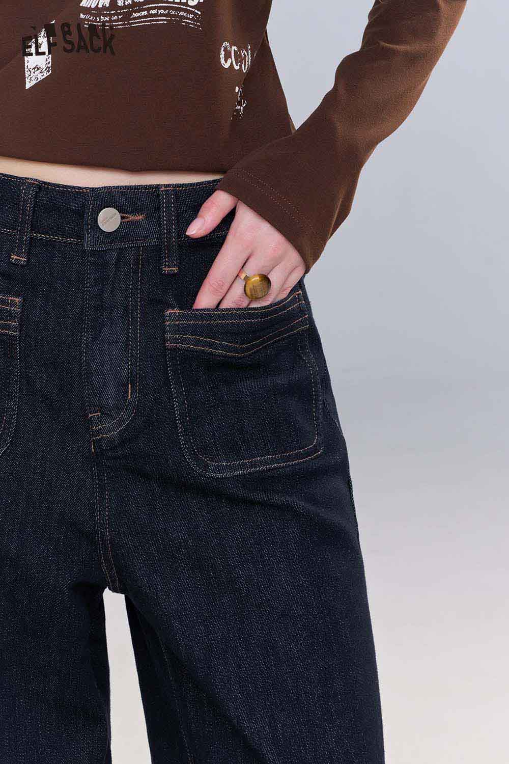 ELFSACK Loose Straight Leg Jeans Autumn Vintage Slim Wide Leg Denim Pants