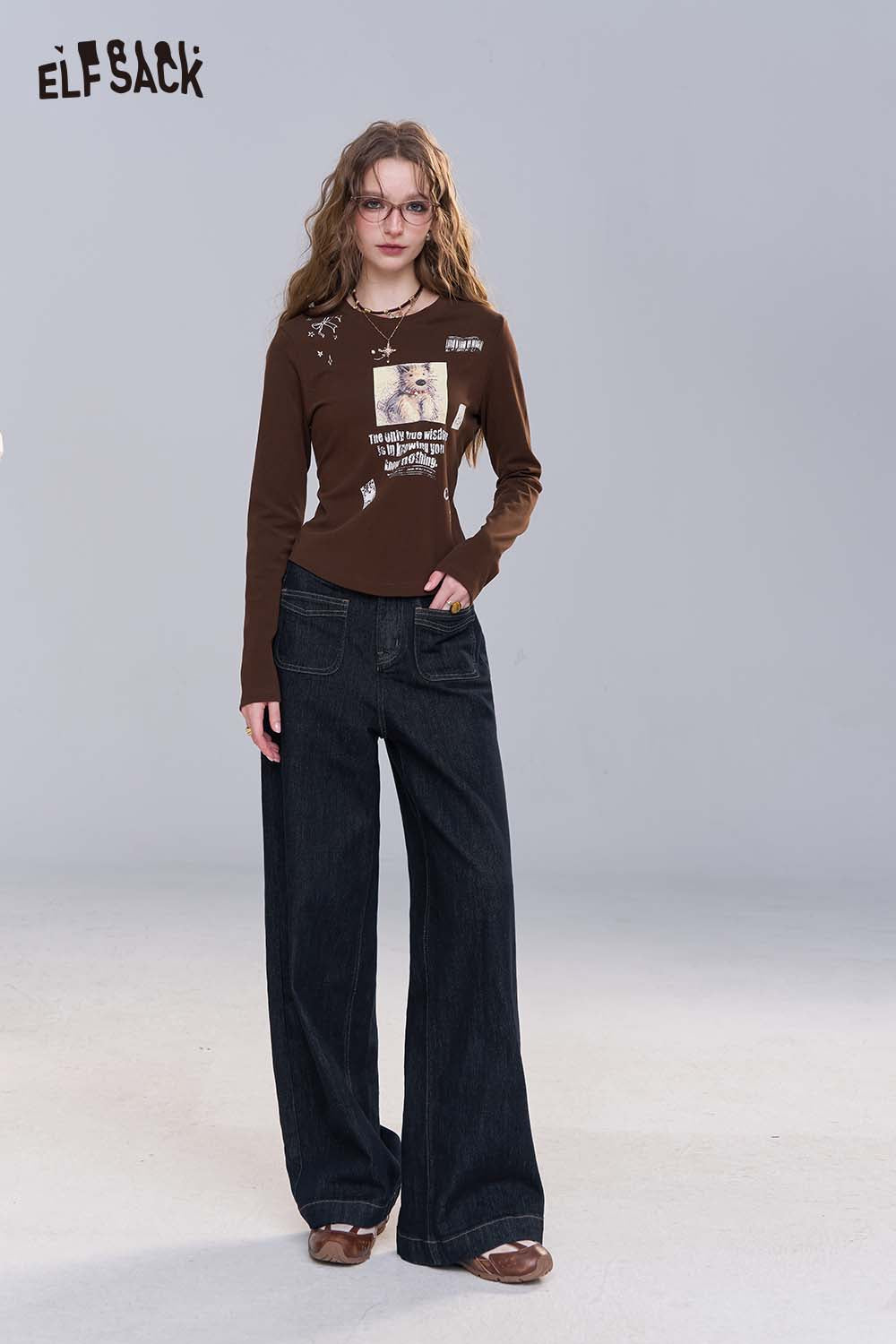 ELFSACK Loose Straight Leg Jeans Autumn Vintage Slim Wide Leg Denim Pants