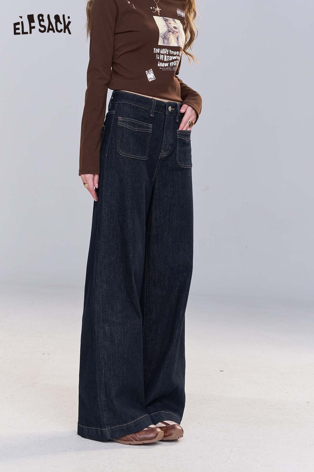 ELFSACK Loose Straight Leg Jeans Autumn Vintage Slim Wide Leg Denim Pants