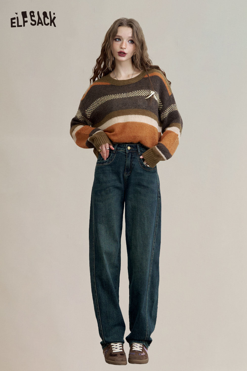 ELFSACK Loose Straight Wide Leg Curved Hem Slimming Jeans