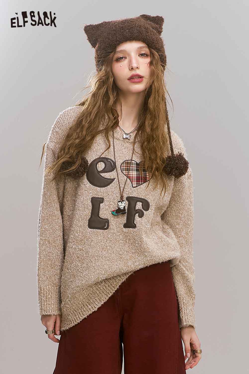 ELFSACK Loose Vintage Angora Red Sweater