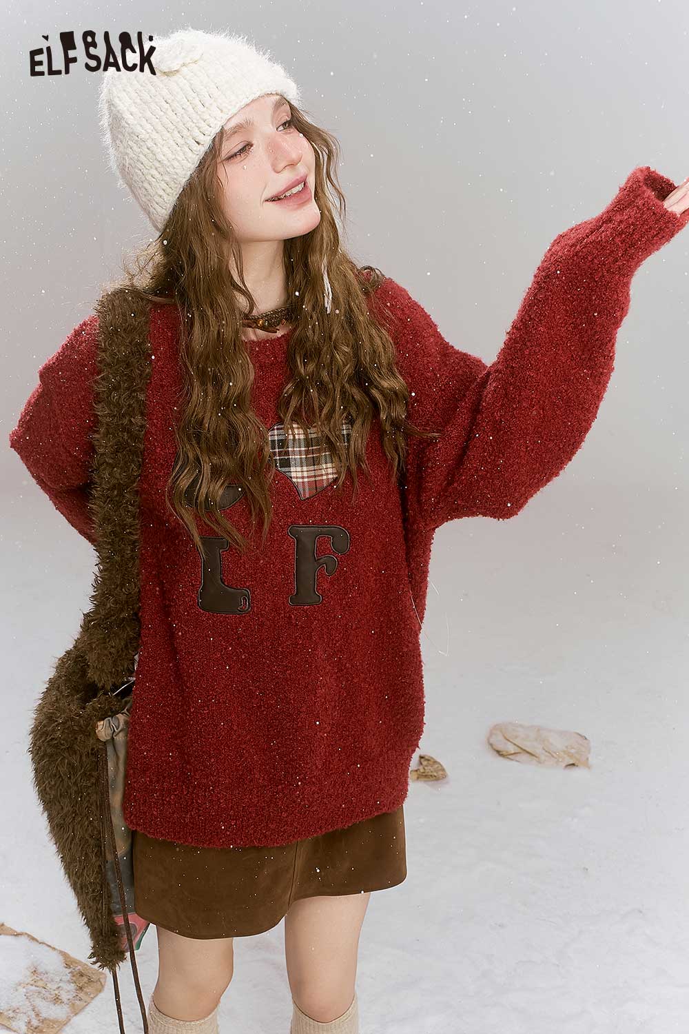 ELFSACK Loose Vintage Angora Red Sweater