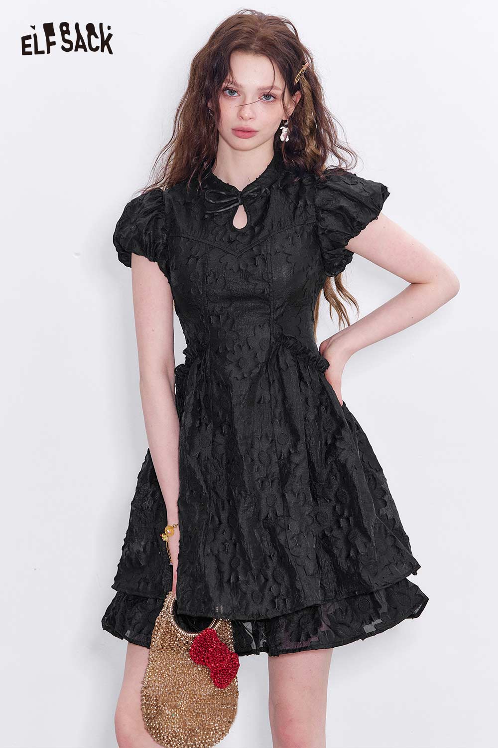 ELFSACK Soft Mandarin Collar Embroidery Detail Short Sleeve Dress