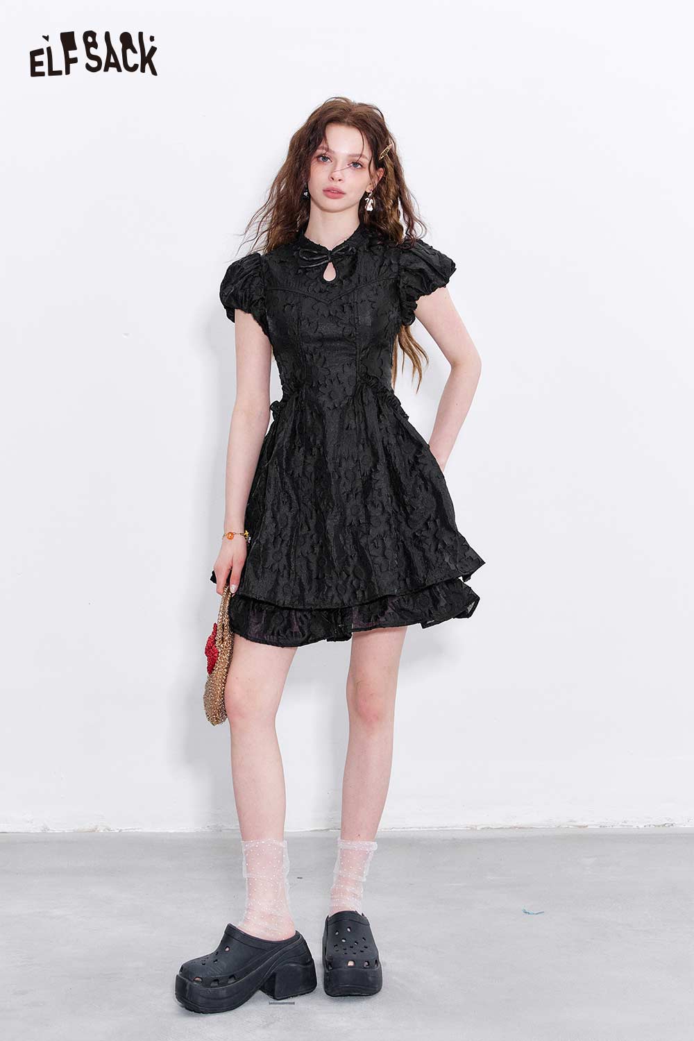 ELFSACK Soft Mandarin Collar Embroidery Detail Short Sleeve Dress