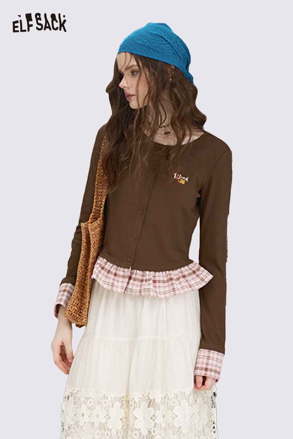 ELFSACK Plaid Patchwork Embroidered Knit Top