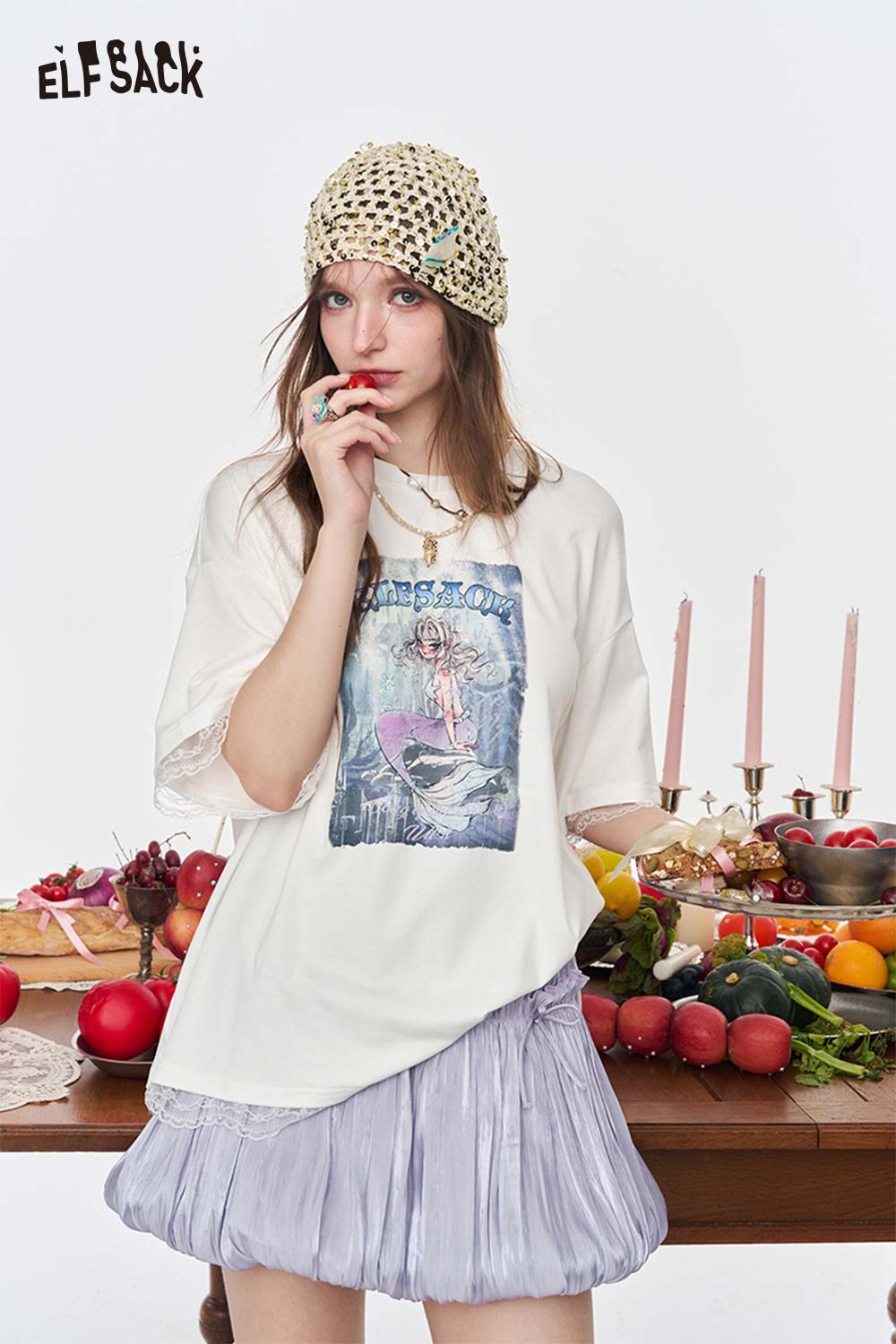 ELFSACK Mermaid Beige Oversized Lace Trim Tee