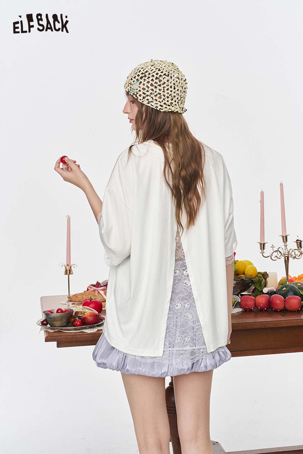 ELFSACK Mermaid Beige Oversized Lace Trim Tee