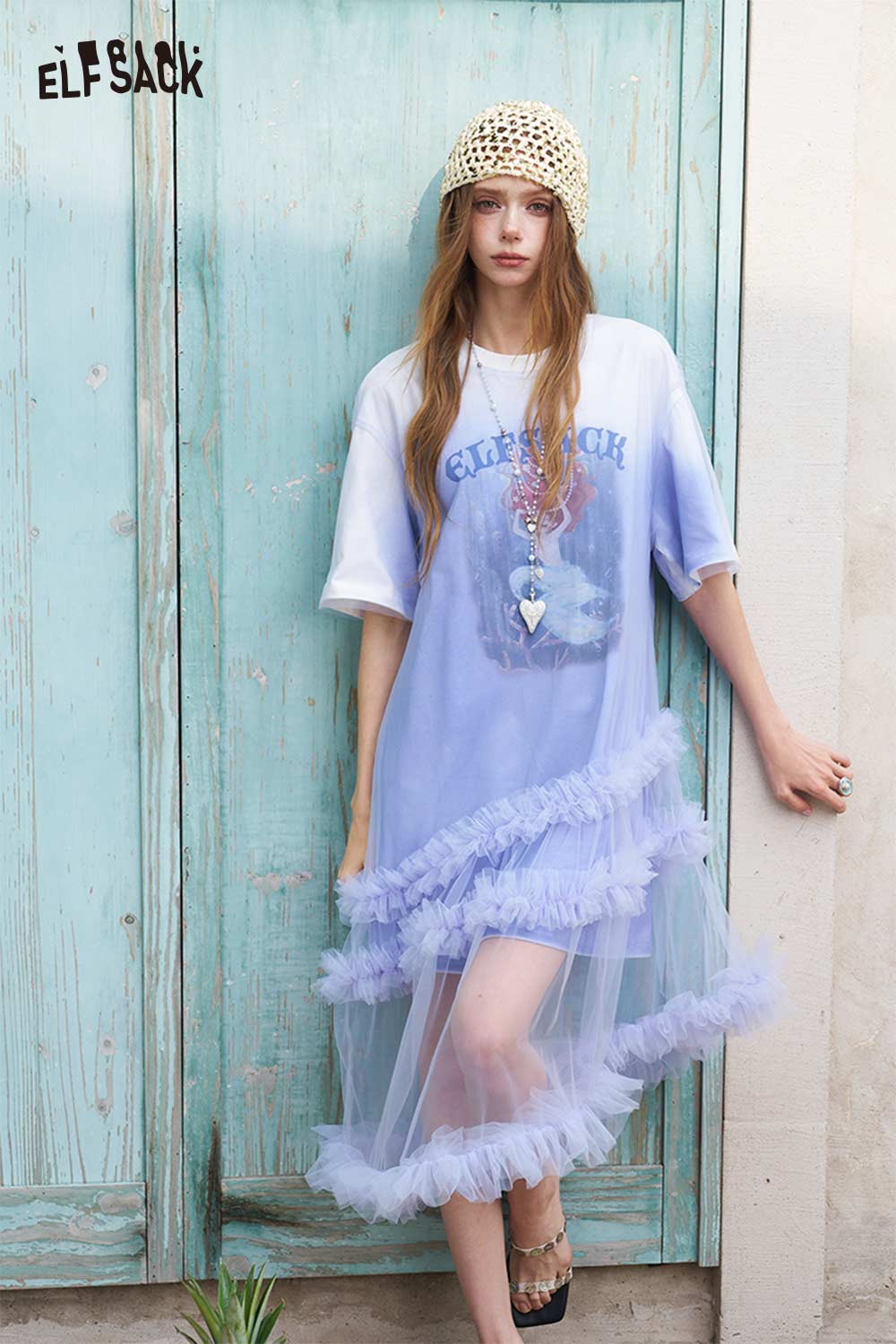 ELFSACK Mermaid Print Gradient Tulle Layer T Shirt Dress