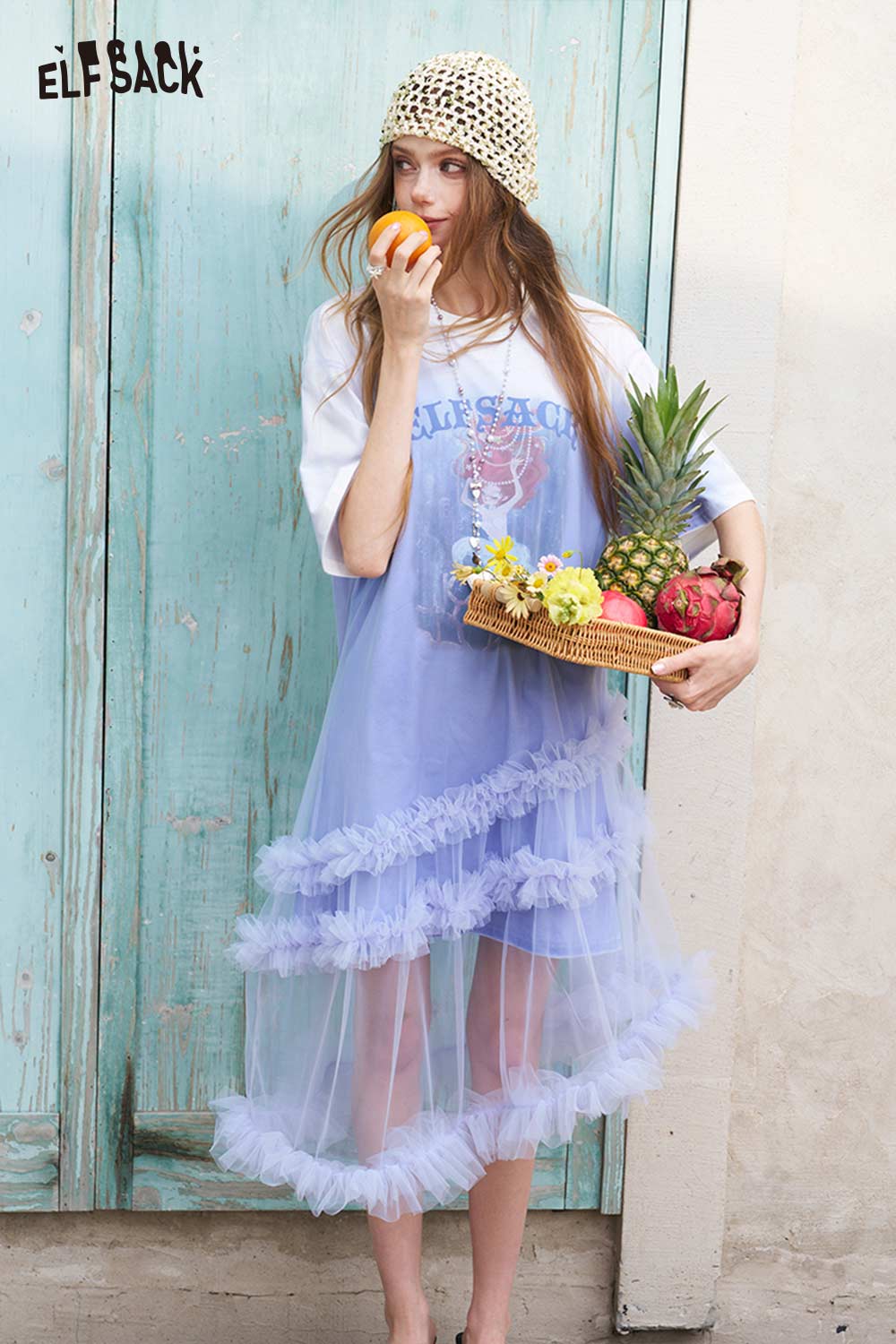 ELFSACK Mermaid Print Gradient Tulle Layer T Shirt Dress