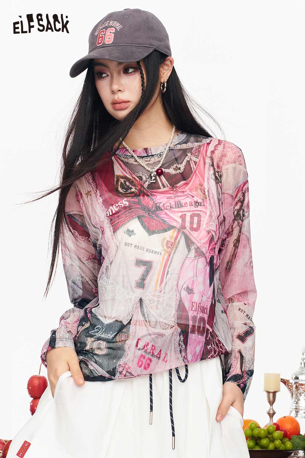 ELFSACK Mesh Jersey Print See-through Long Sleeve T-shirt