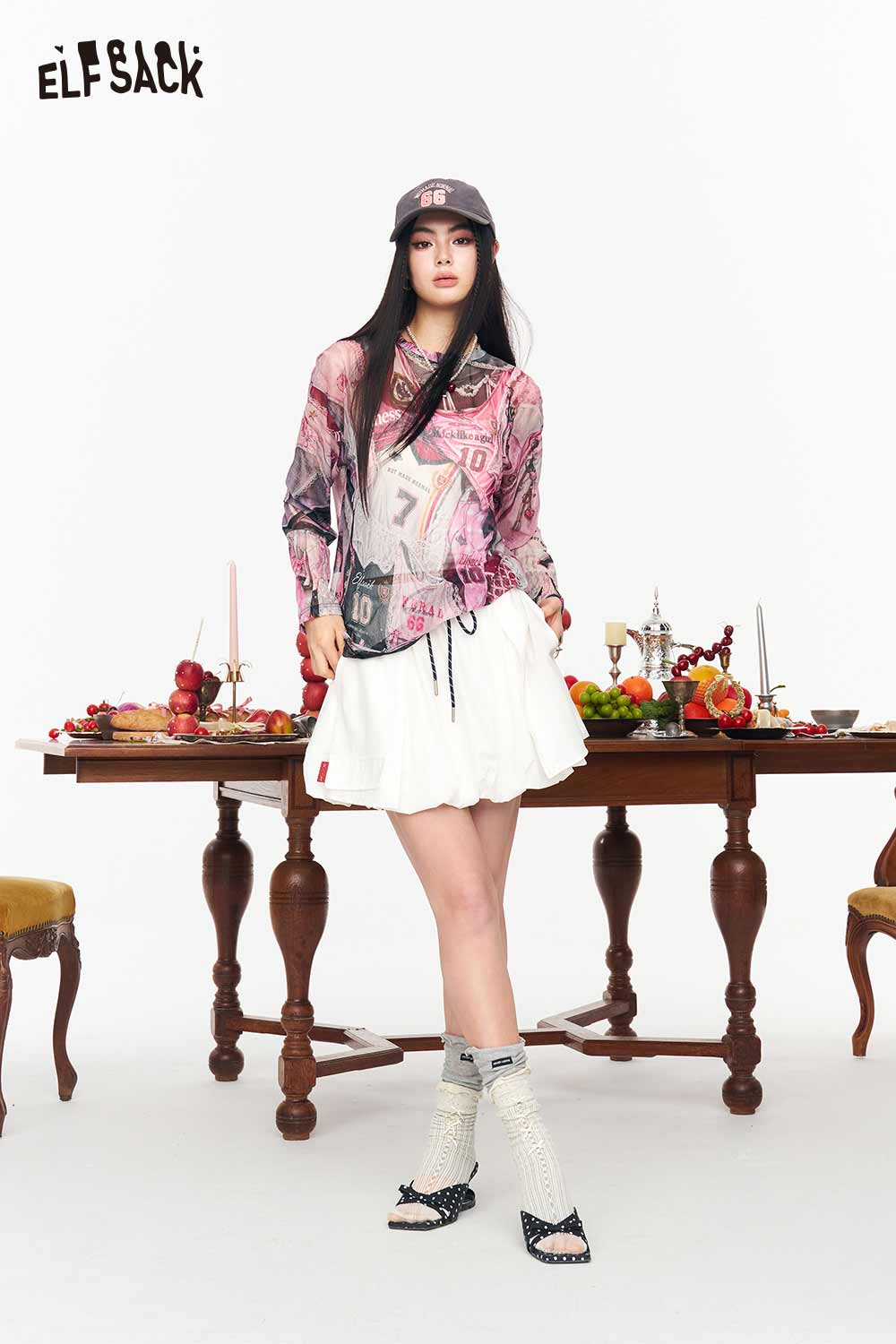 ELFSACK Mesh Jersey Print See-through Long Sleeve T-shirt