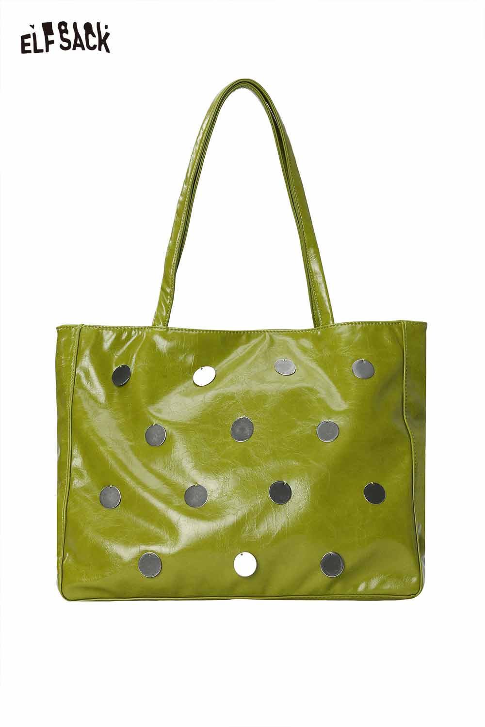 ELFSACK Metal Dot Stud Glossy Green Tote Bag