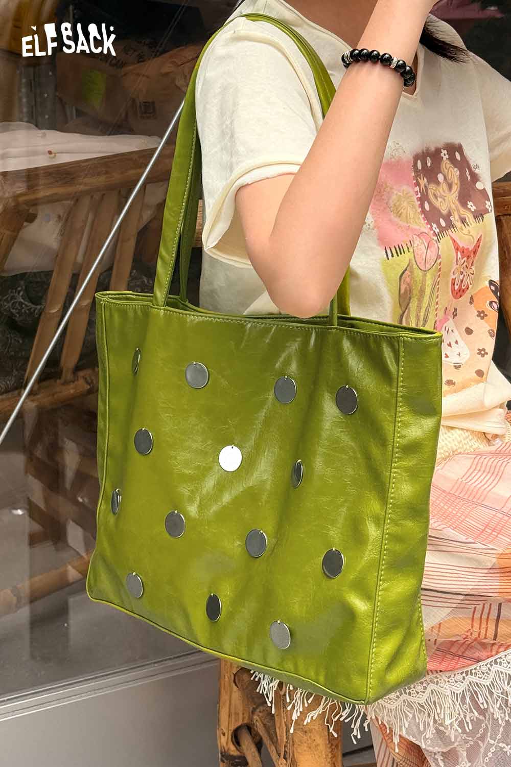 ELFSACK Metal Dot Stud Glossy Green Tote Bag
