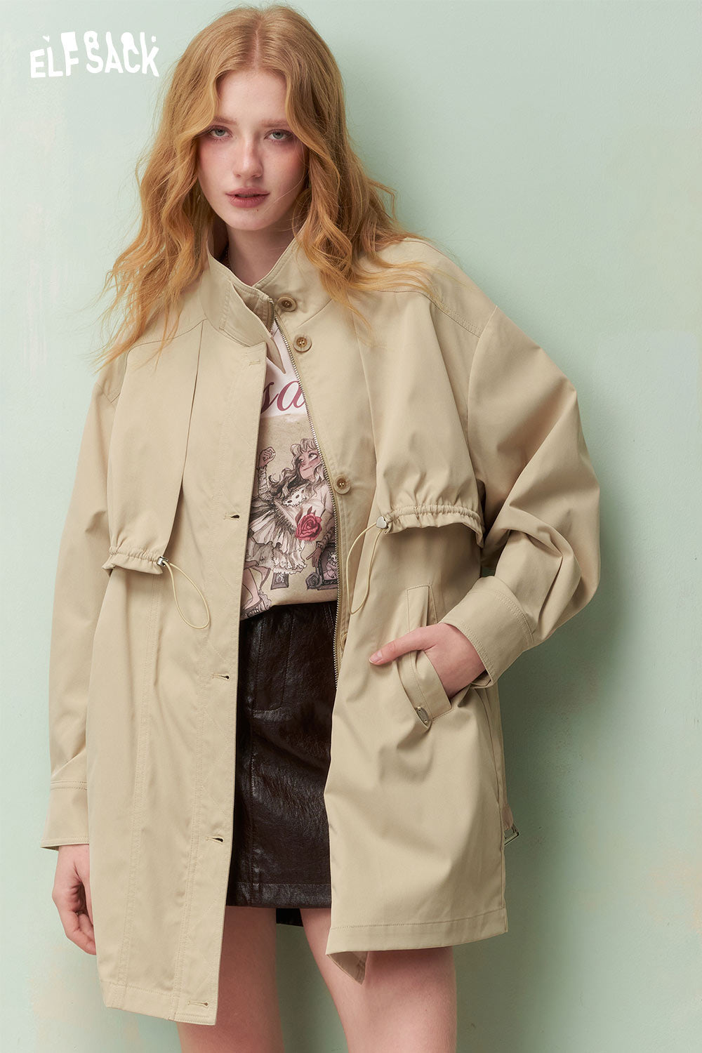 ELFSACK Minimalist Drawstring Waist Belt Beige Trench Coat