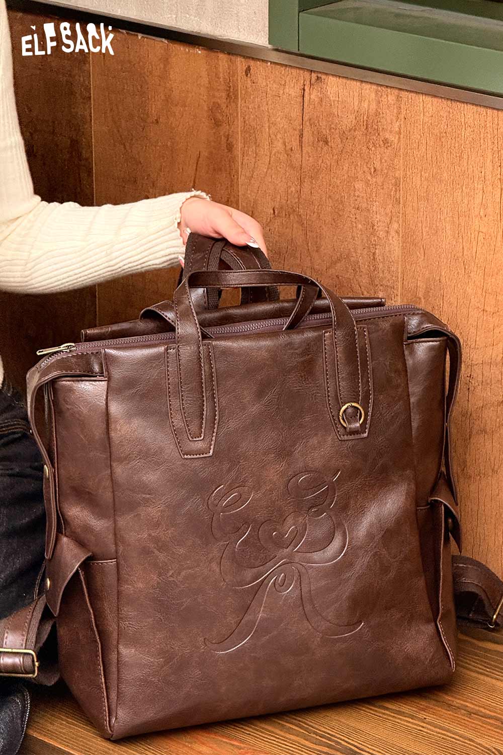 ELFSACK Minimalist Preppy Brown Large Capacity Versatile Backpack