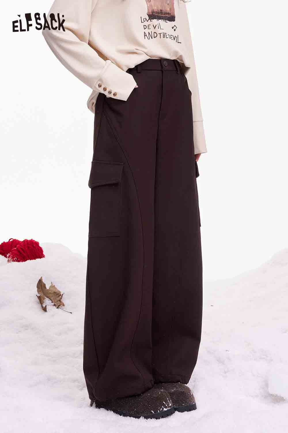 ELFSACK Minimalist Casual Loose Solid Large Pocket Cargo Pants