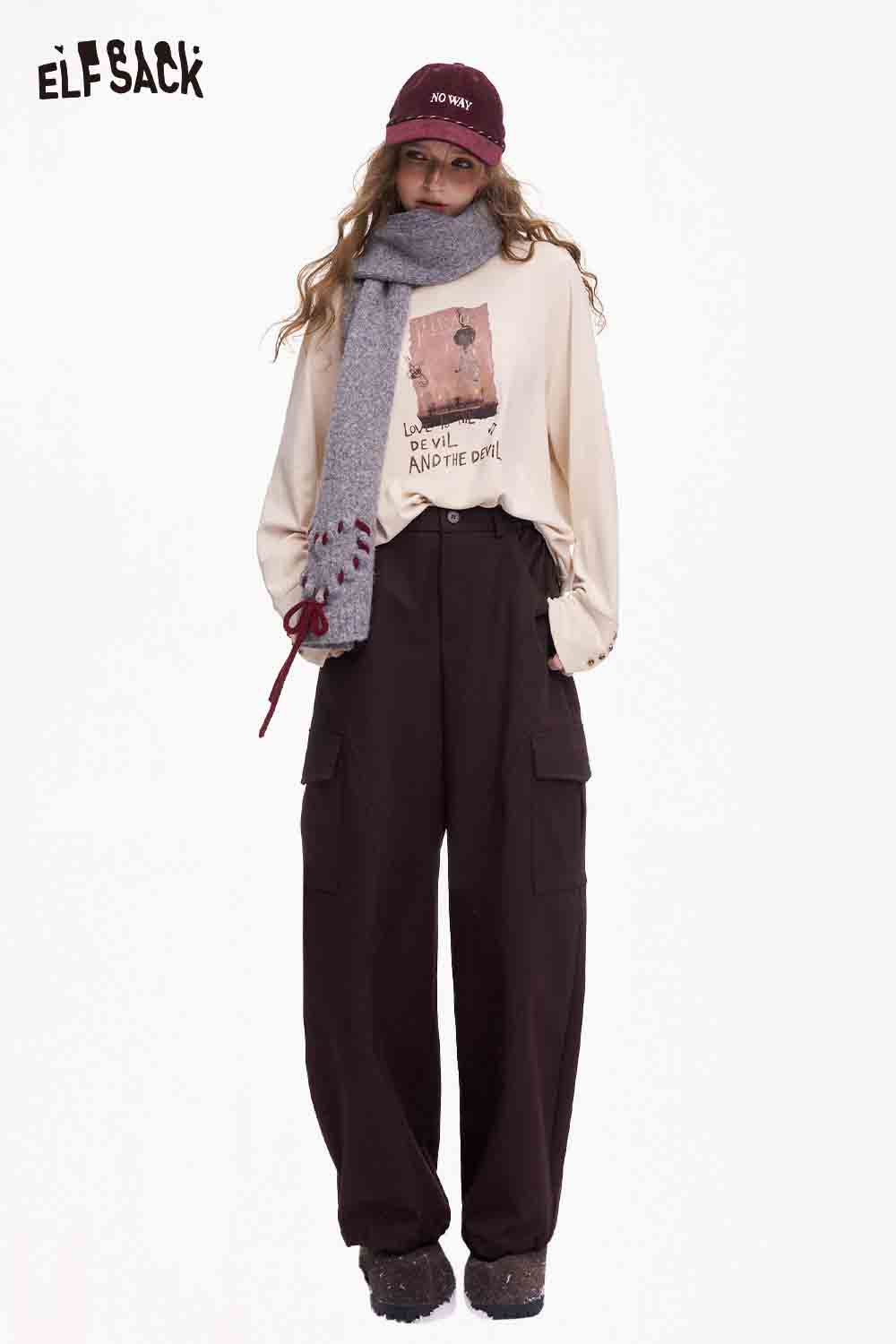 ELFSACK Minimalist Casual Loose Solid Large Pocket Cargo Pants