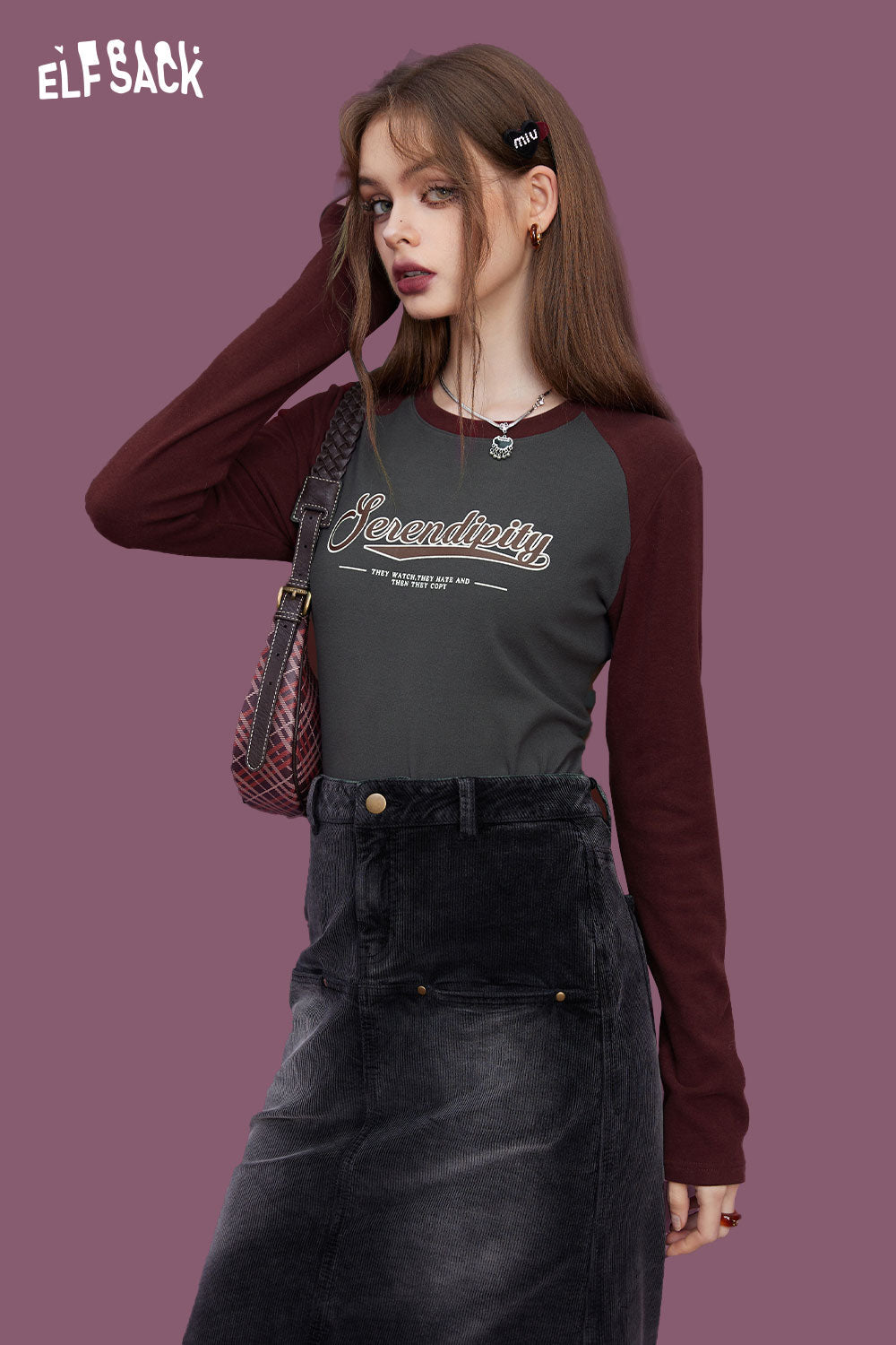 ELFSACK Minimalist Color Block Patchwork Raglan Long Sleeve Tshirt