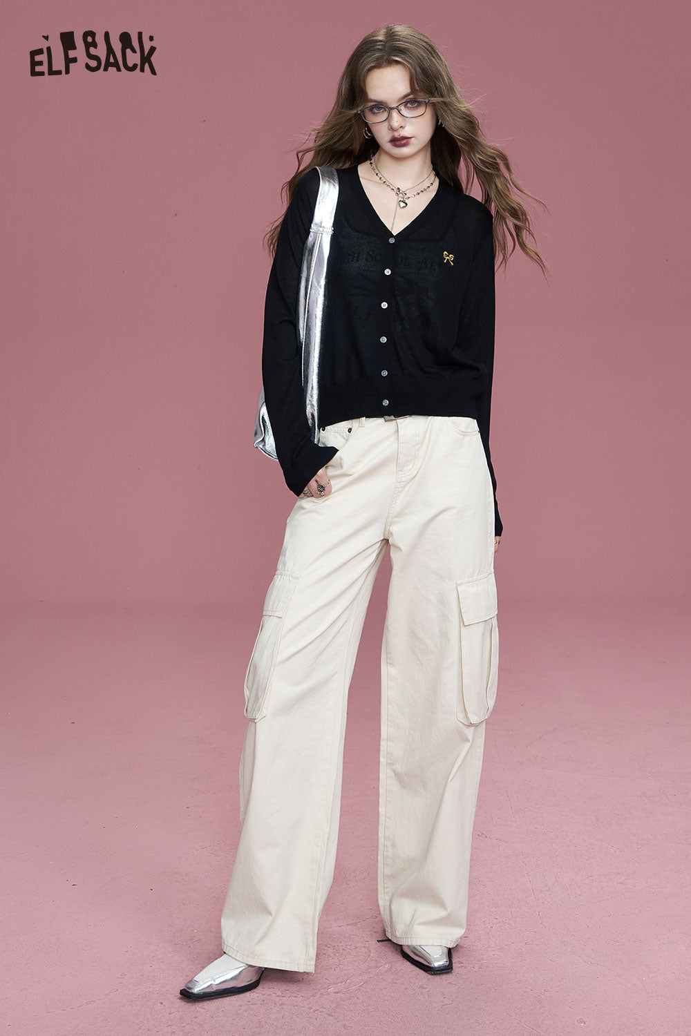ELFSACK Minimalist French Knitwear V Neck Long Sleeve Cardigan
