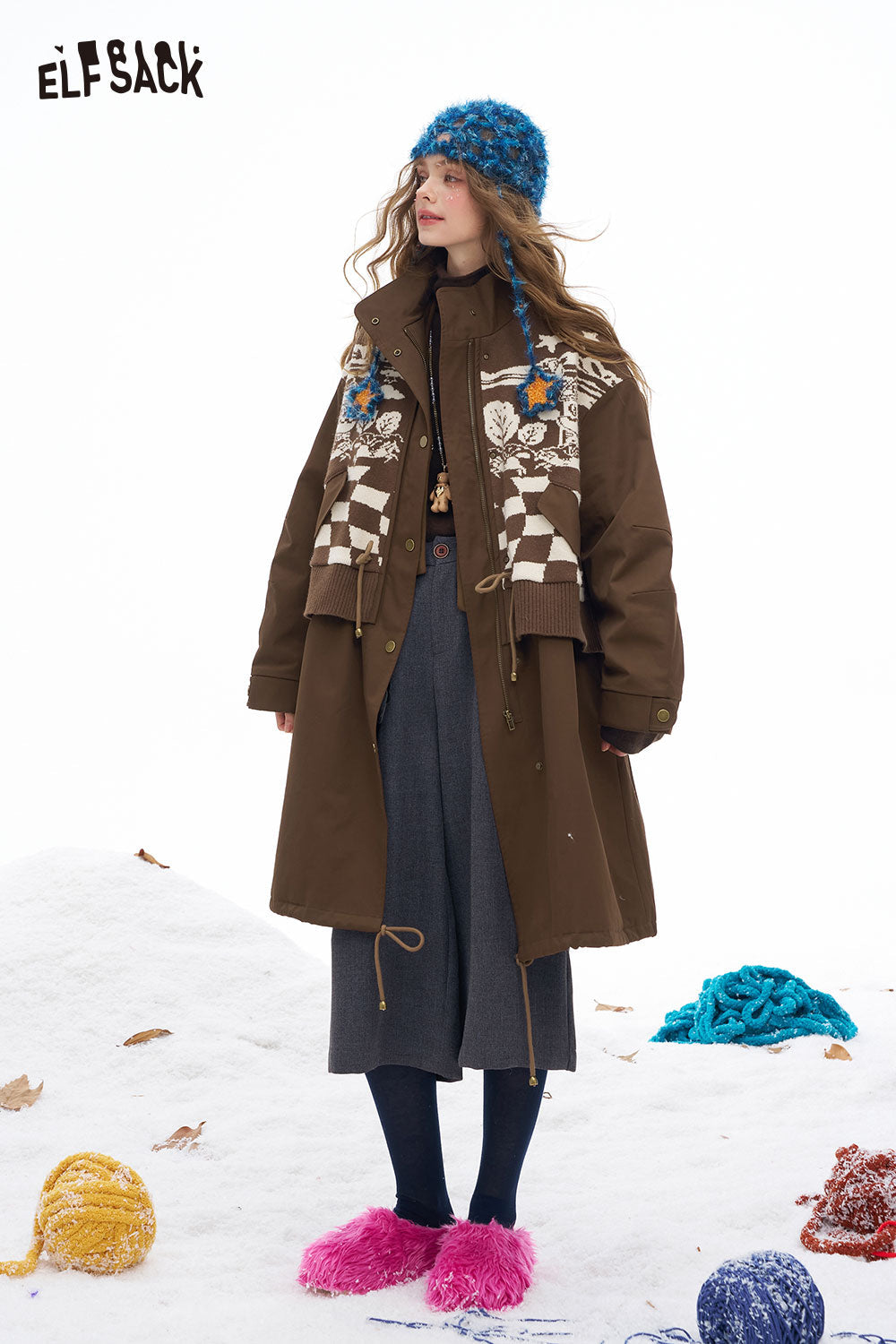 ELFSACK Soft Minimalist Classic Knit Stripe Trim Solid Long Coat