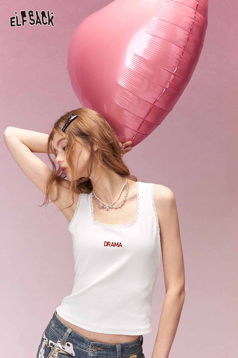 ELFSACK Minimalist Versatile Lace Trim Letter Print Camisole
