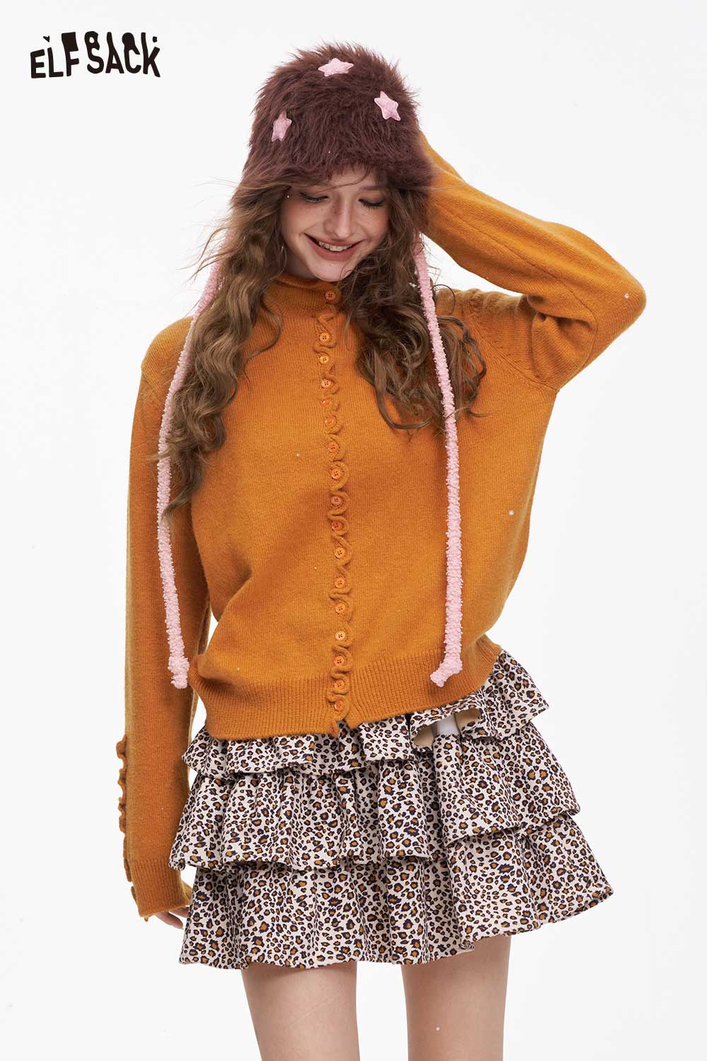ELFSACK Minimalist Design Solid Ruffle Button Knitwear