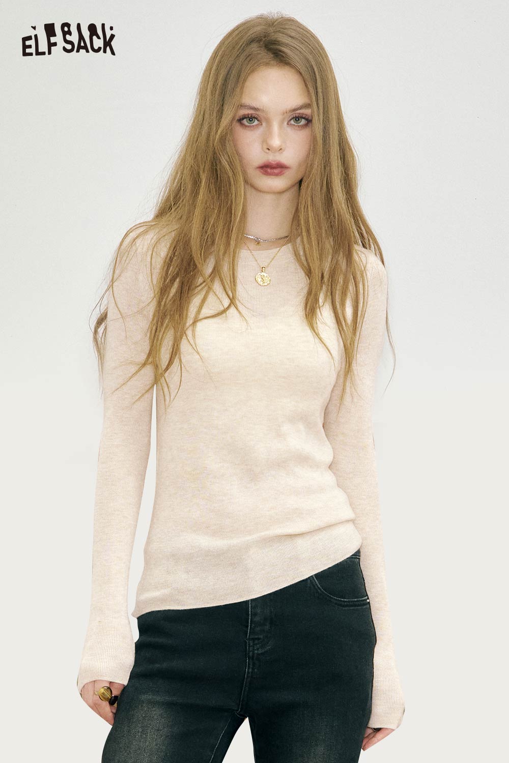 ELFSACK Brushed Jersey Minimalist Design Essential Layer Slim Fit Top