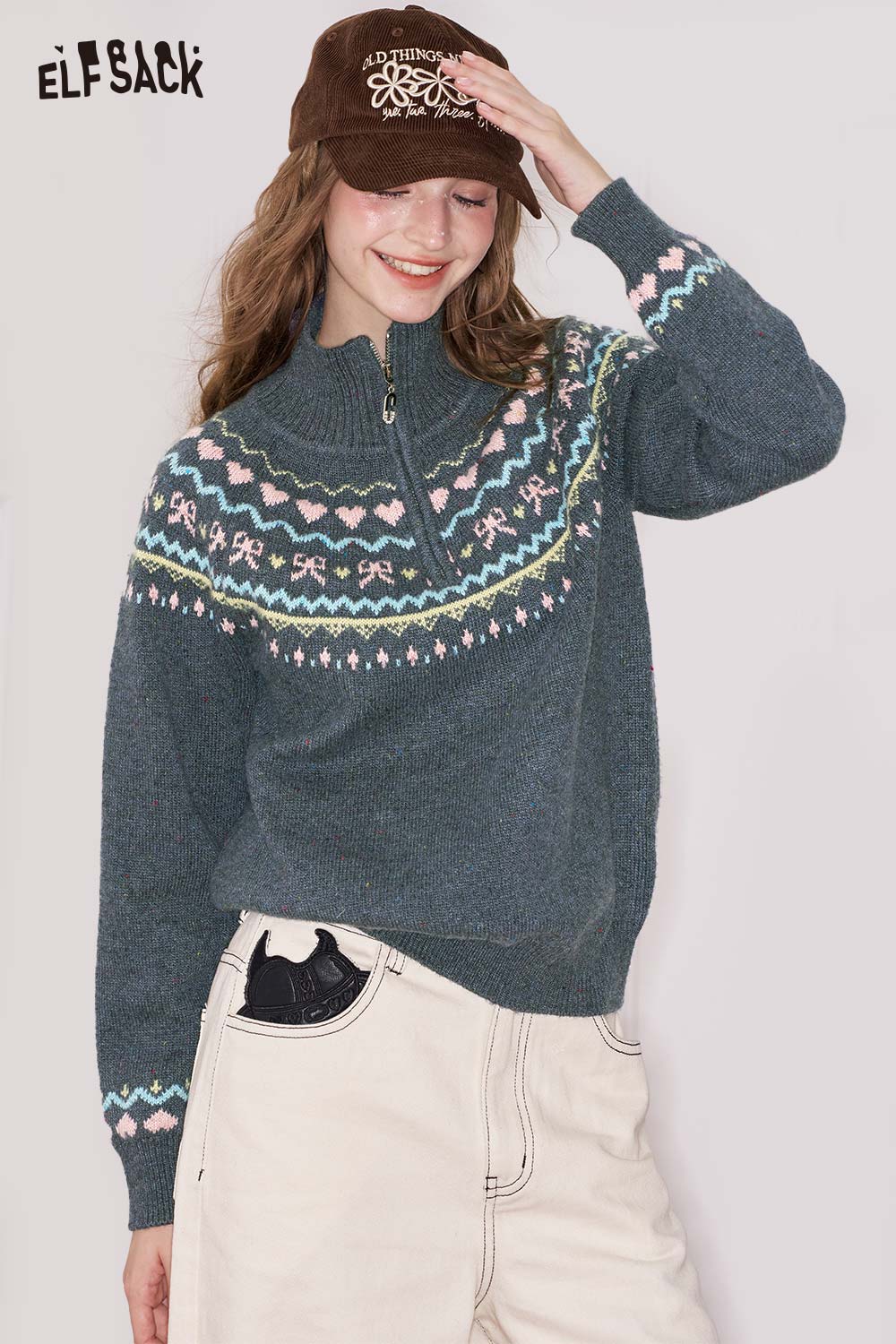 ELFSACK Minimalist Casual Stripe Stand Collar Zipper Sweater