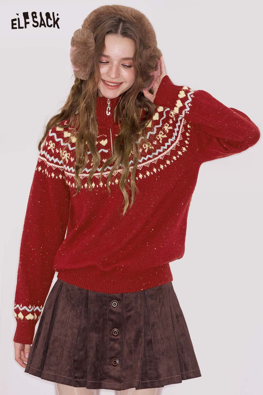 ELFSACK Minimalist Casual Stripe Stand Collar Zipper Sweater