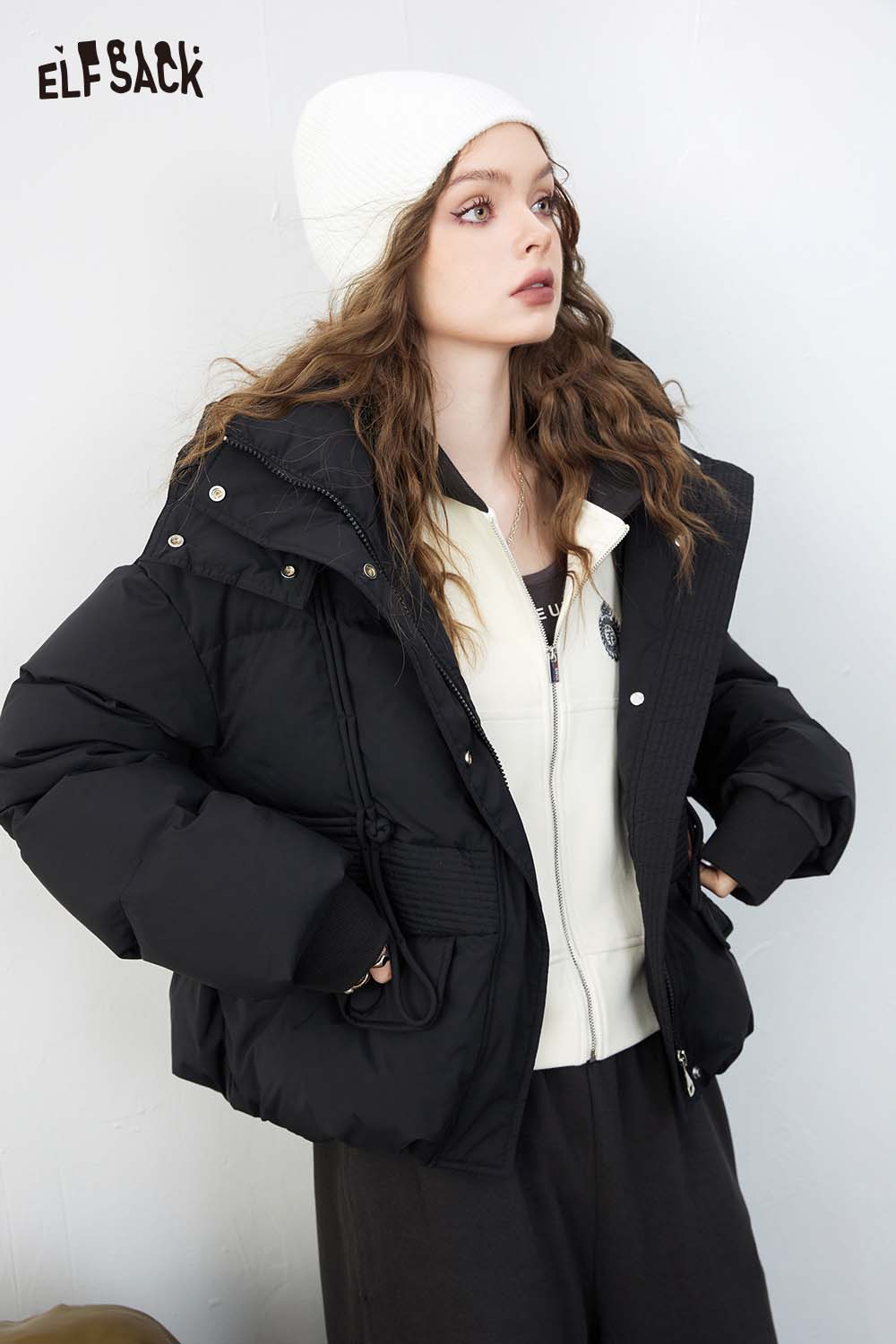 ELFSACK Minimalist Vintage Hooded Solid Short Down Jacket